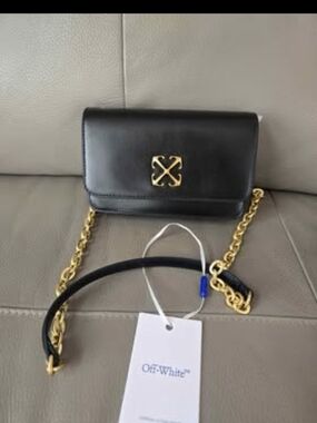Off-White Black Leather Mini Chain Crossbody with Gold Hardware
